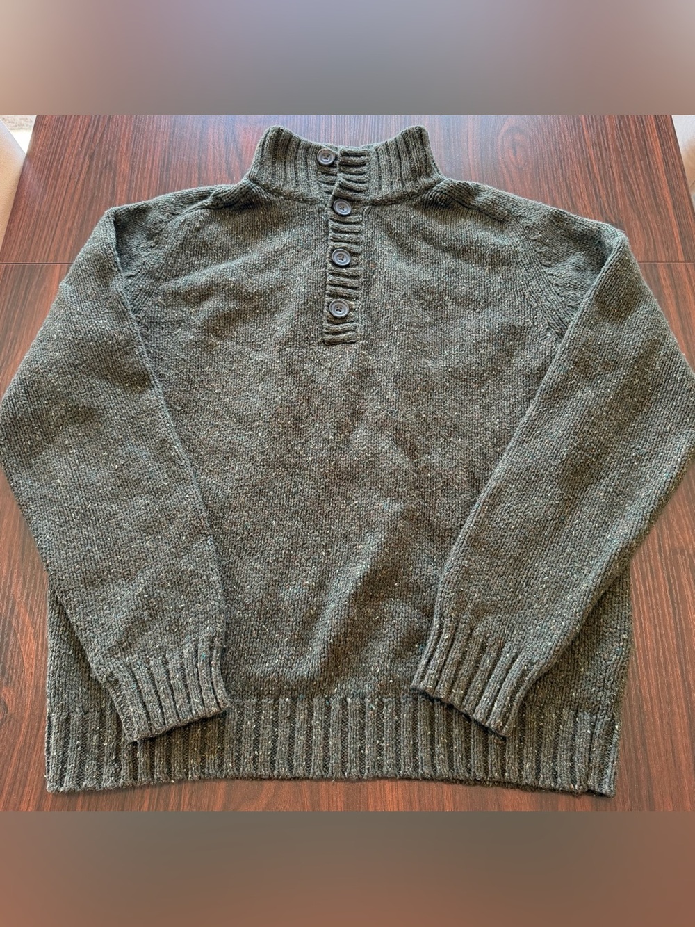 Eddie Bauer Mens Olive Green Chunky Knit Sweater Wool Blend Button Neck Size M